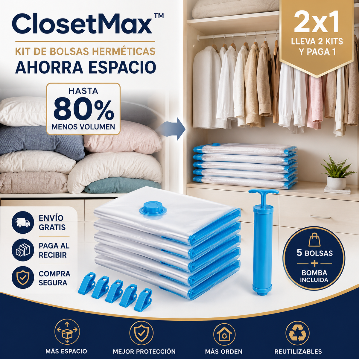 ClosetMax™ — Kit de Bolsas Herméticas Ahorra Espacio